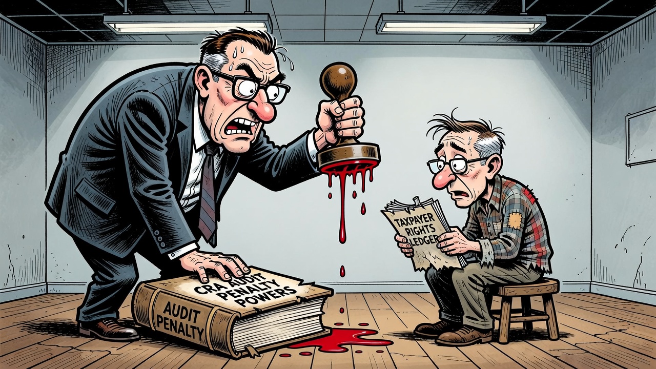 Editorial cartoon showing CRA auditors holding a giant penalty notice while taxpayers ask for a taxpayer-rights ledger, waiver rules and Charter receipts.