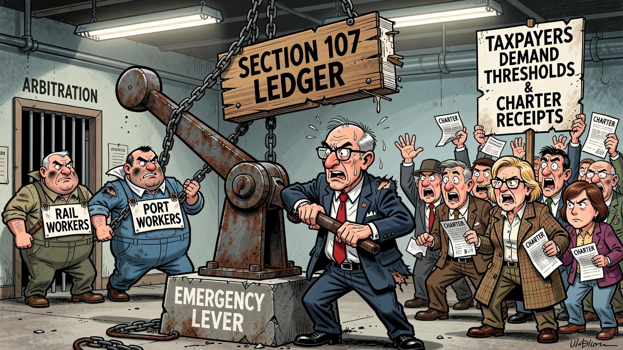 Editorial cartoon showing Ottawa pulling a Section 107 strike-power lever over ports and rail while workers and taxpayers demand thresholds, Charter analysis and Cabinet receipts.
