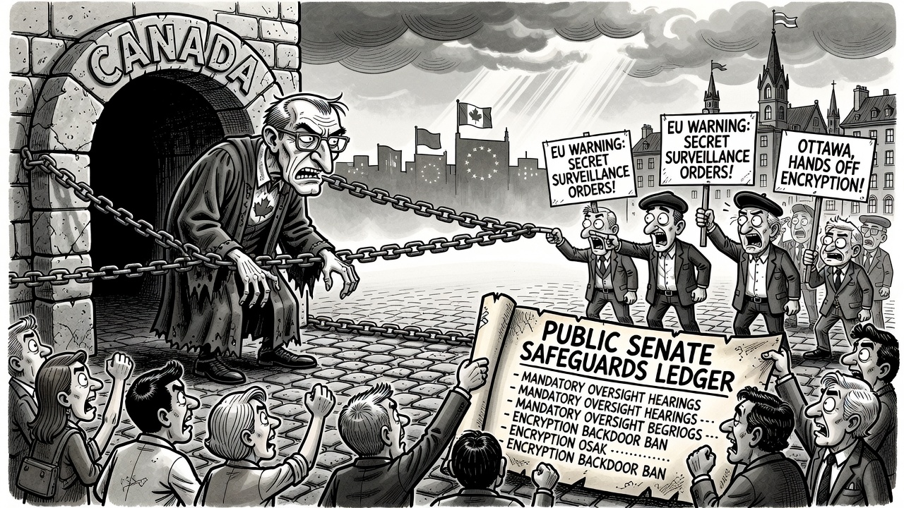 Editorial cartoon showing Canada’s Bill C-22 lawful-access file crossing the Atlantic toward Europe while citizens demand an encryption and metadata safeguards ledger.
