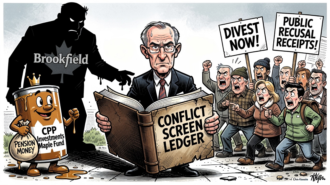 Editorial cartoon showing Prime Minister Mark Carney beside a CPP-Brookfield Maple Fund file while taxpayers demand a conflict-screen ledger and pension-boundary receipts.
