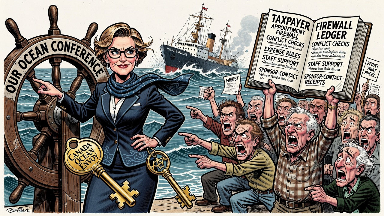 Editorial cartoon showing Diana Fox Carney at an Our Ocean Conference podium while taxpayers demand an appointment firewall ledger, conflict checks and expense receipts.