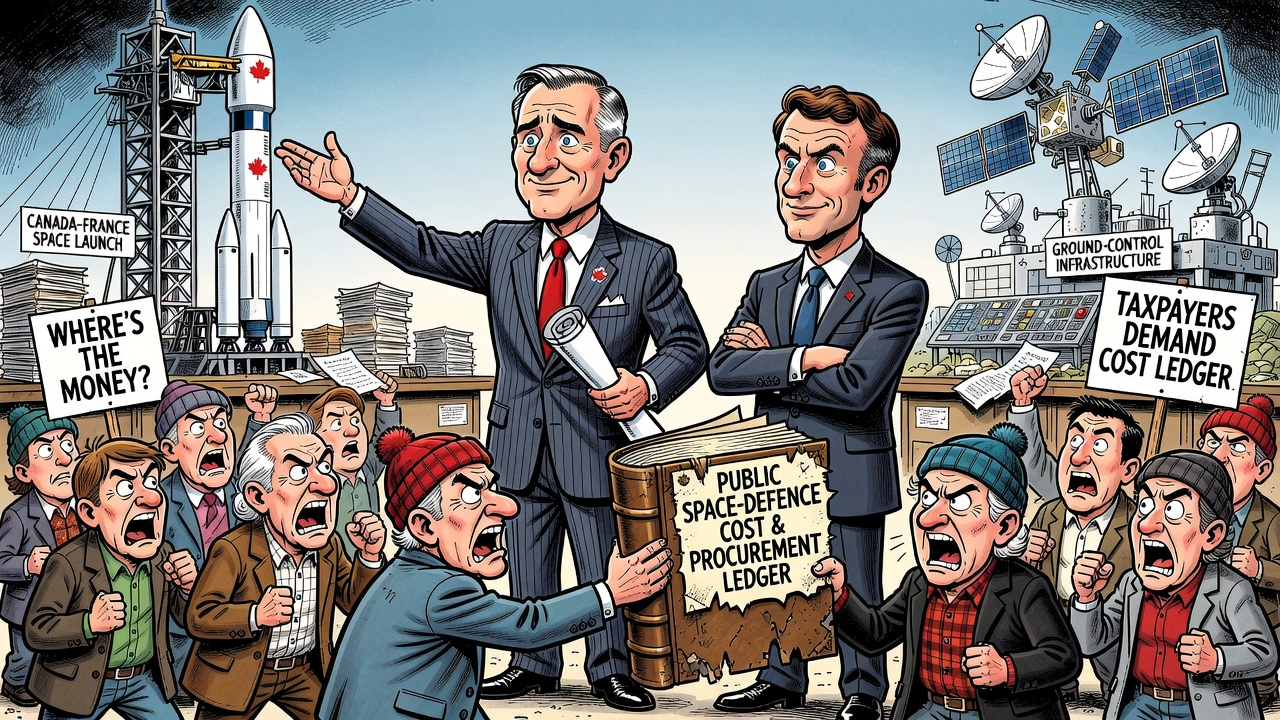 Editorial cartoon showing Prime Minister Mark Carney and President Emmanuel Macron beside shared space launch infrastructure while taxpayers demand a public space-defence ledger.