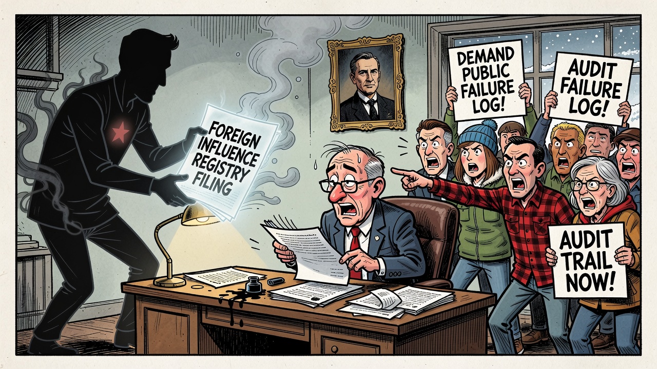 Editorial cartoon showing a China-linked foreign influence registry filing vanishing from a public database while Canadians demand a failure log and audit trail.