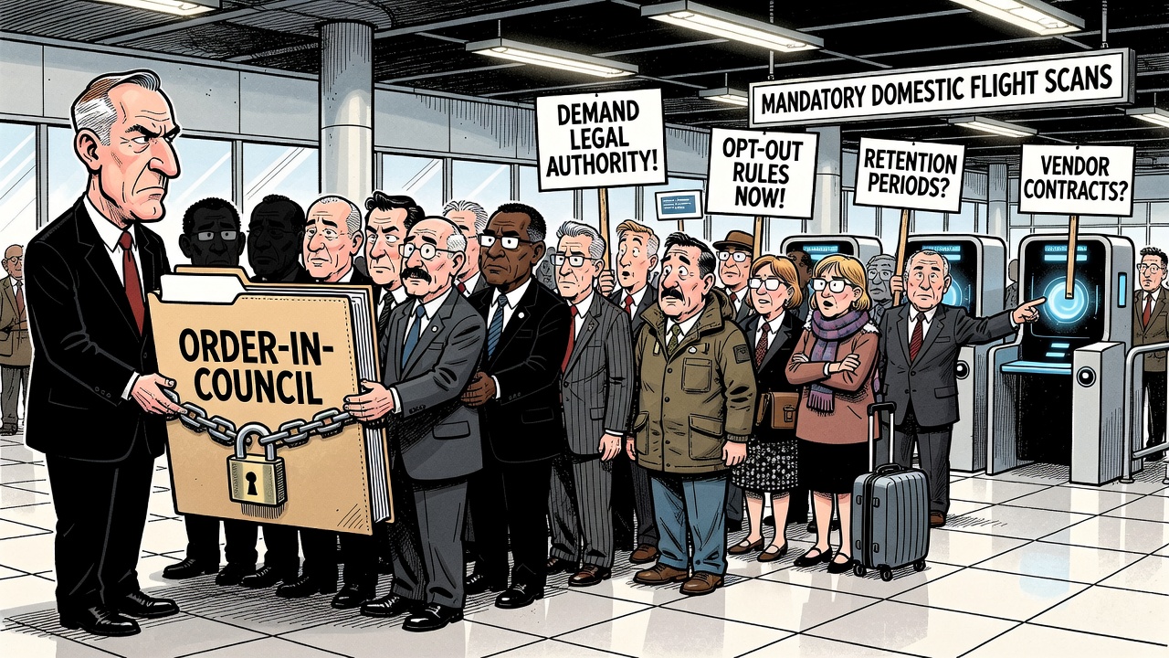 Editorial cartoon showing Mark Carney cabinet holding a locked order-in-council folder while airport passengers face biometric scanners and demand legal authority, opt-out rules and retention limits.