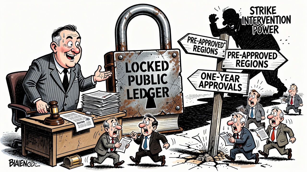 Editorial cartoon showing Bill C-39 as a one-year approval machine with a locked public ledger, pre-approved regions and strike-intervention controls.