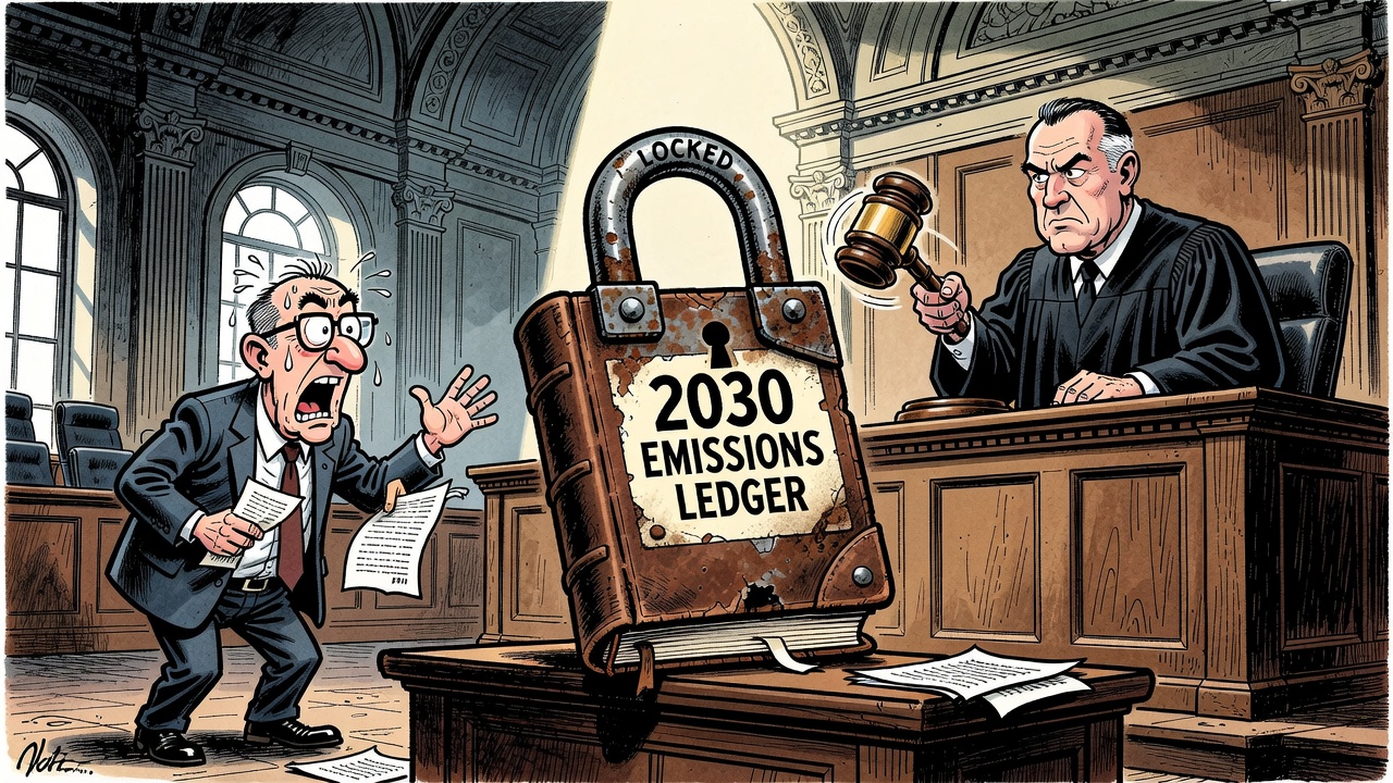 Editorial cartoon showing Ottawa holding a locked 2030 emissions ledger after Federal Court rejects a bid to dismiss a net-zero accountability lawsuit.