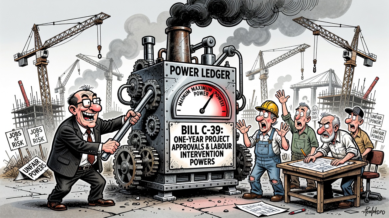 Editorial cartoon showing Bill C-39 as a one-year approval machine with cabinet, regulators, workers and taxpayers demanding a public power ledger.