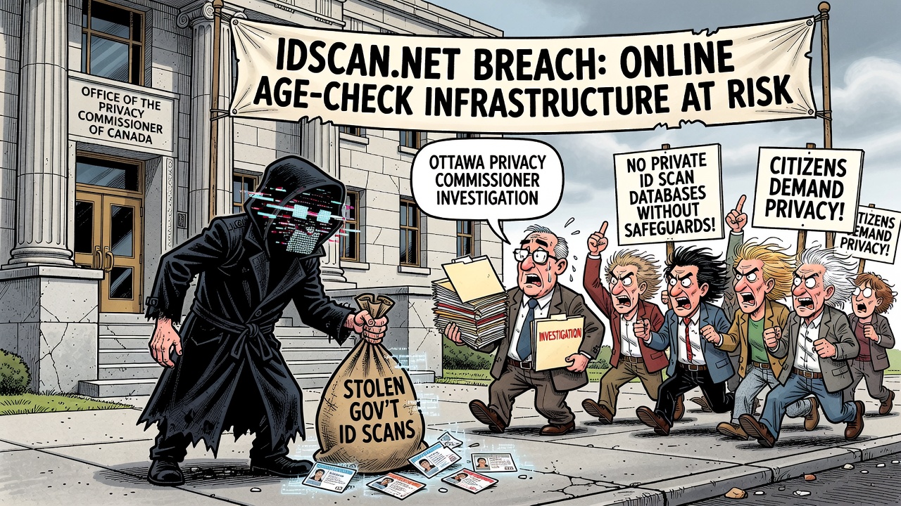 Editorial cartoon showing stolen driver-licence scans spilling from an ID-check database while Ottawa promotes online age checks and citizens demand privacy safeguards.