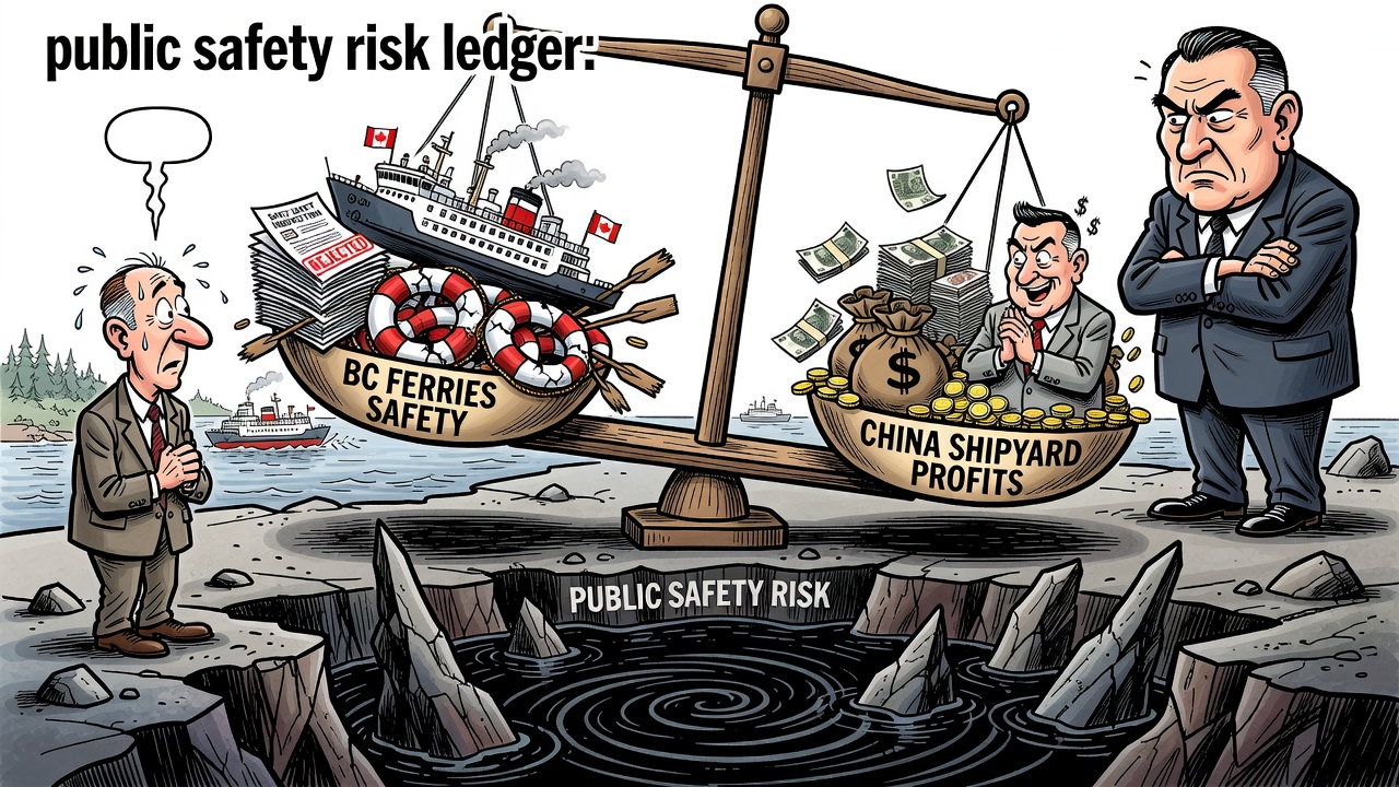 Editorial cartoon showing BC Ferries beside a China shipyard contract, a locked Public Safety security ledger, CFB Esquimalt and CFS Masset markers, and taxpayers demanding the full risk assessment.