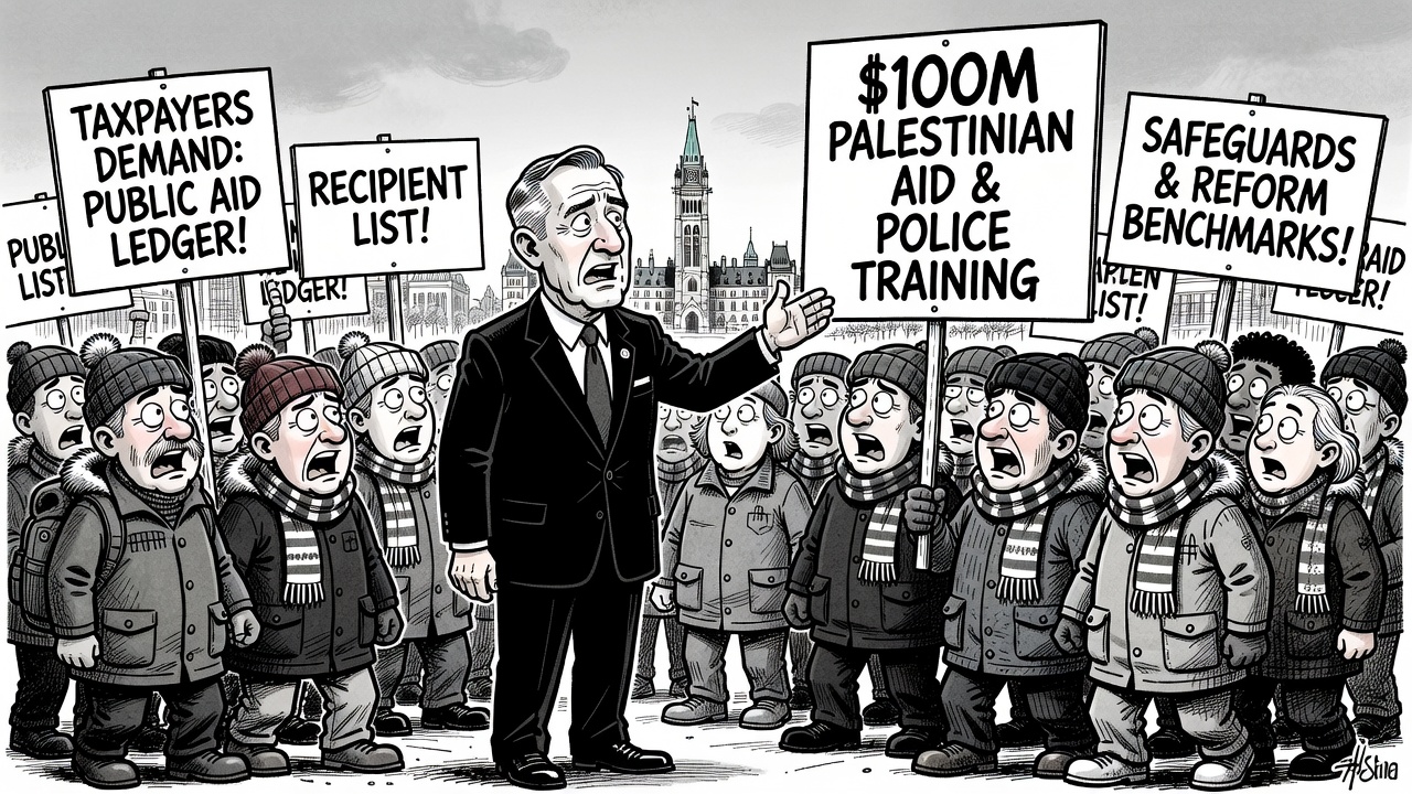 Editorial cartoon showing Prime Minister Mark Carney announcing $100 million for Palestinian aid and police training while taxpayers demand a public ledger of recipients, safeguards and reform benchmarks.