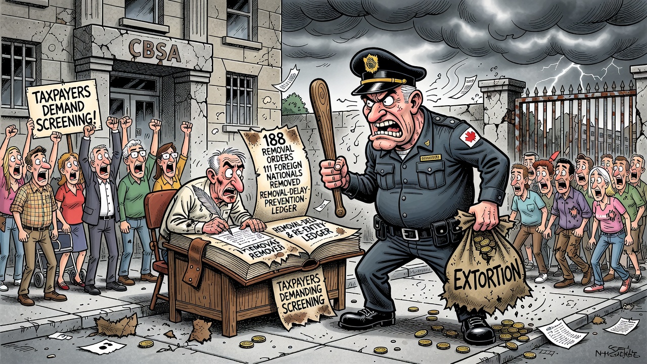 Editorial cartoon showing CBSA extortion-linked removals with 188 removal orders, 111 removals and taxpayers demanding a screening and re-entry-prevention ledger.