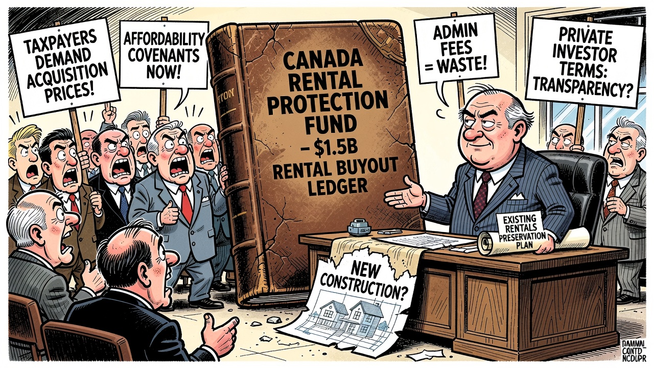 Editorial cartoon showing Ottawa with a $1.5 billion rental buyout ledger while taxpayers ask for acquisition prices, affordability covenants, administrative fees and private investor terms.