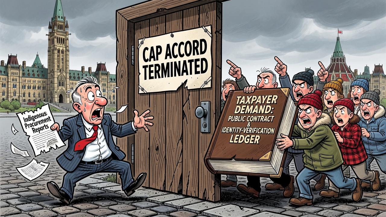 Editorial cartoon showing Ottawa ending the CAP accord while taxpayers and legitimate Indigenous suppliers demand a public procurement and identity-verification ledger.