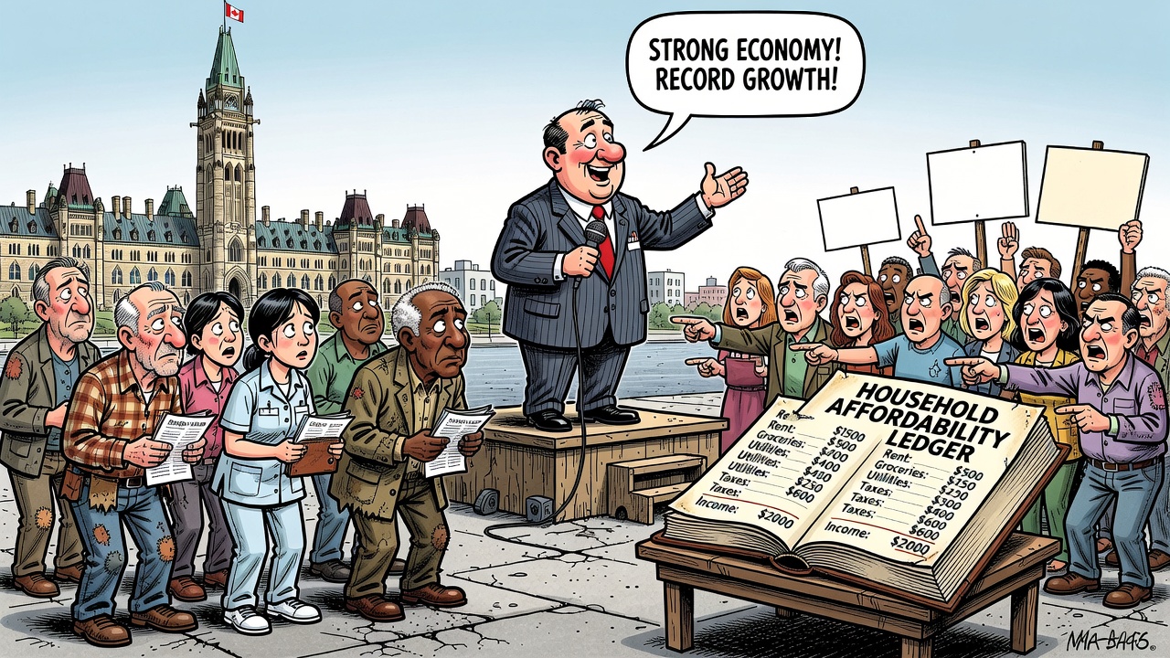 Editorial cartoon showing working Canadians squeezed by bills while Ottawa boasts about a strong economy and taxpayers demand a household affordability ledger.
