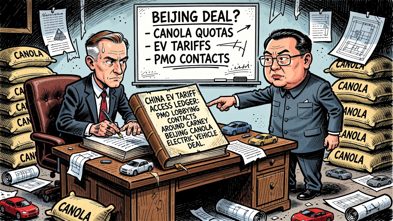 Editorial cartoon showing a China EV tariff doorway, a canola farmer, and taxpayers demanding the lobbying access ledger from Ottawa.