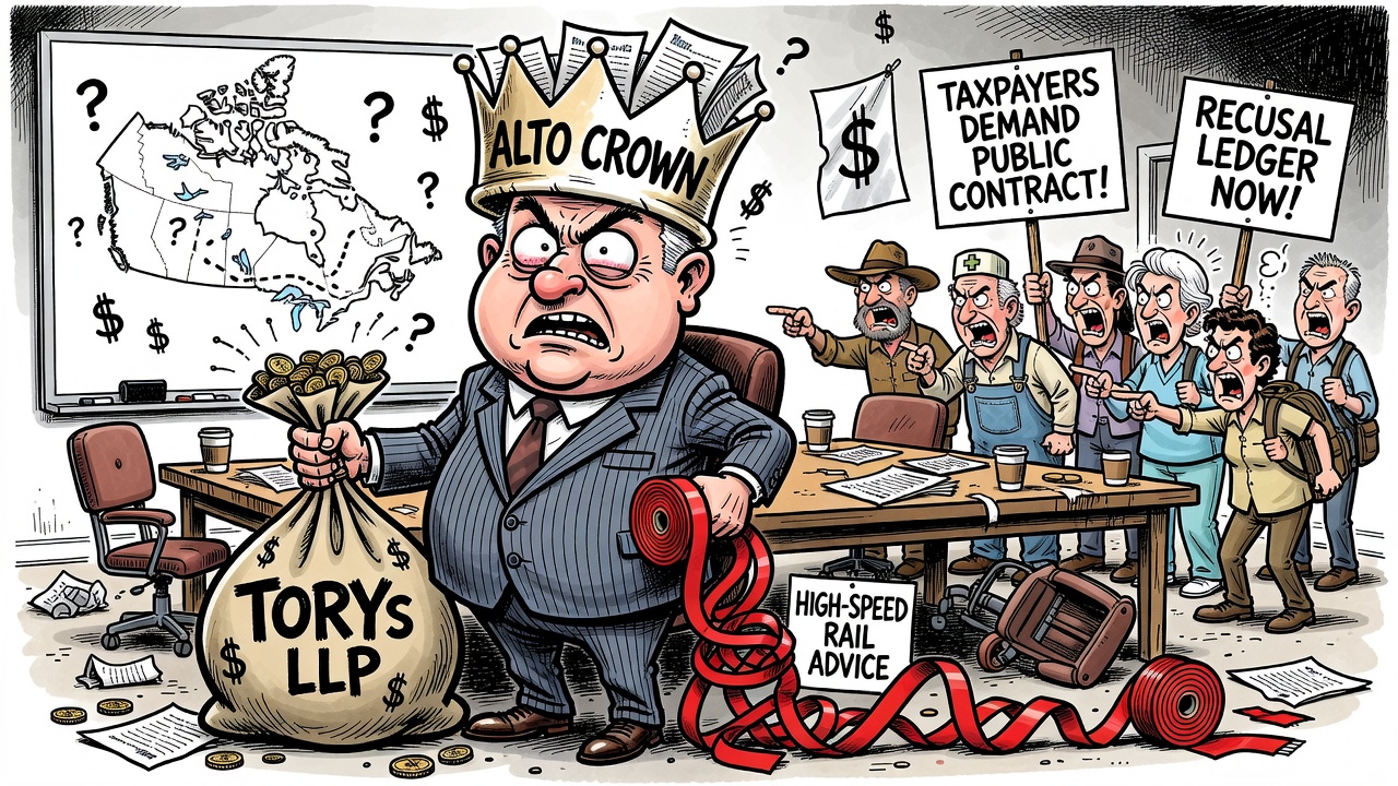 Editorial cartoon showing Alto’s high-speed rail boardroom, Torys legal files and taxpayers demanding a public contract and recusal ledger.