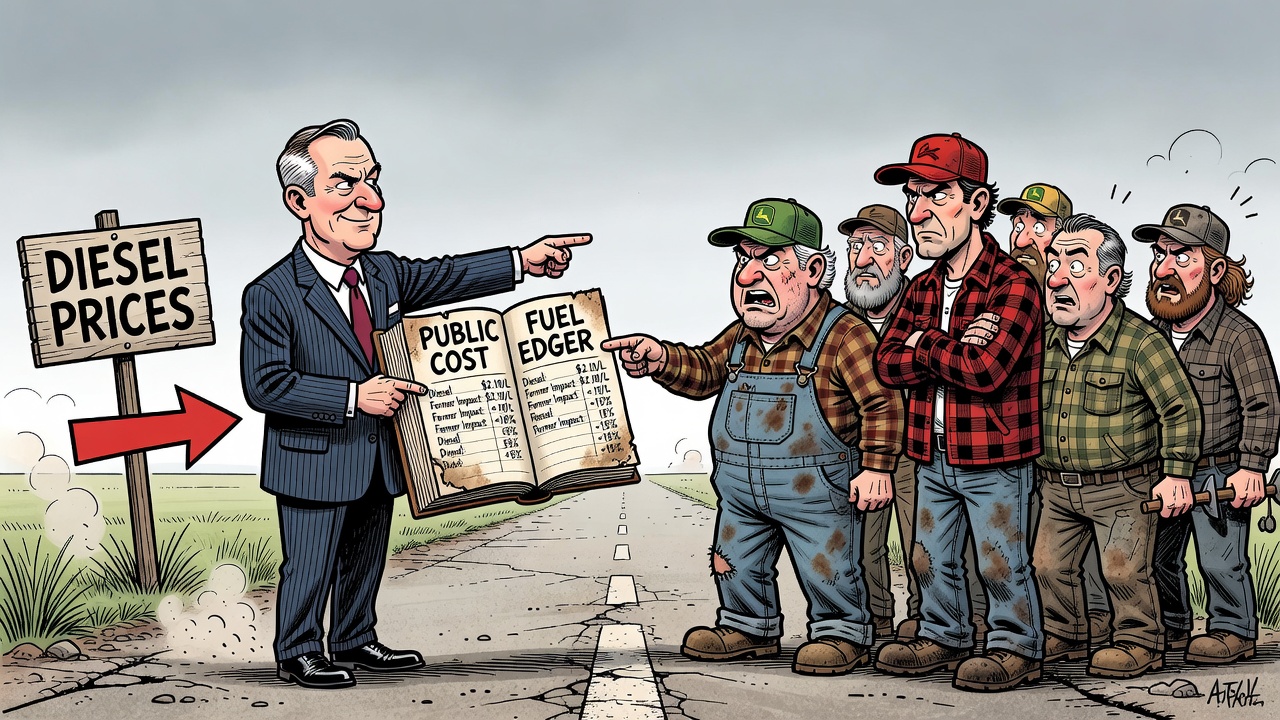 Editorial cartoon showing Prime Minister Mark Carney pointing at provincial diesel taxes while farmers and truckers demand a public fuel-cost ledger.