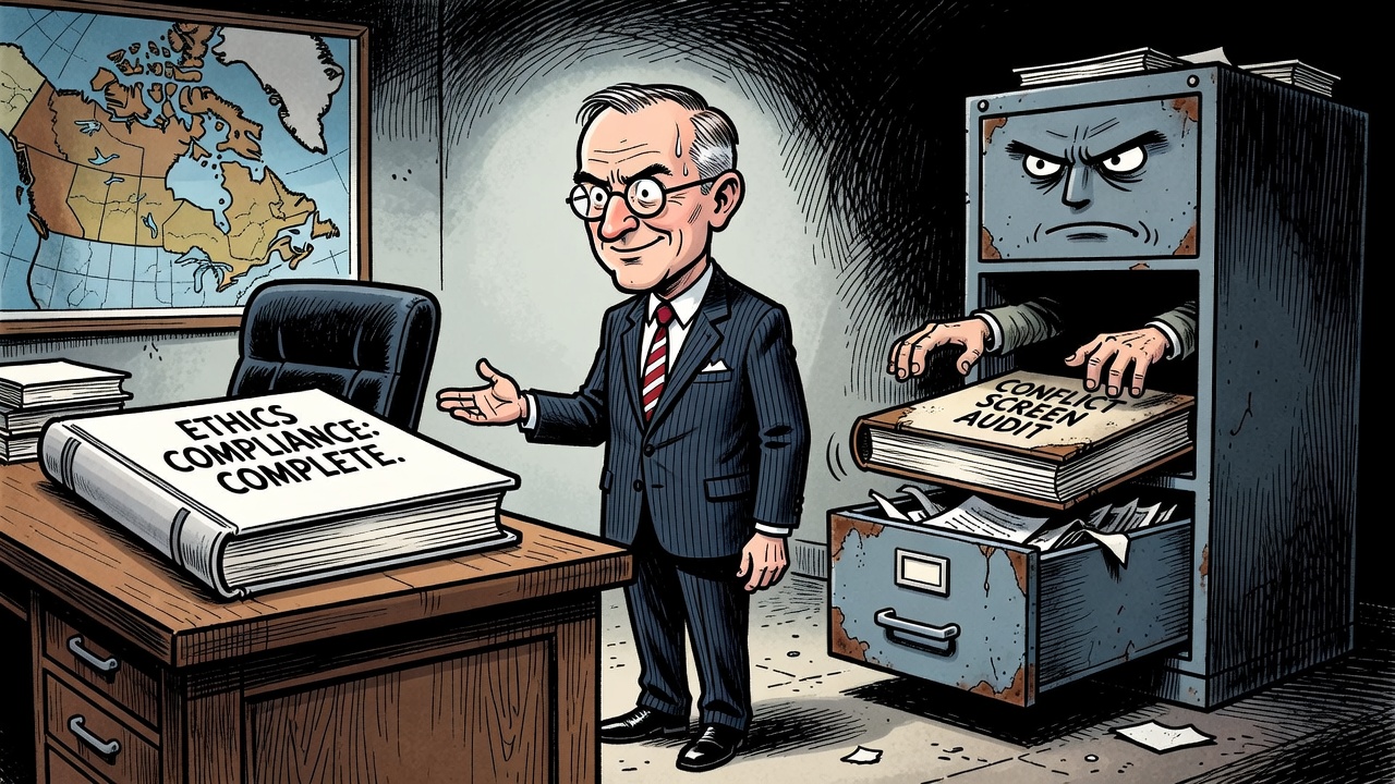 Editorial cartoon showing Mark Carney beside a completed ethics form while a locked conflict-screen ledger hides Brookfield and Stripe files from taxpayers.