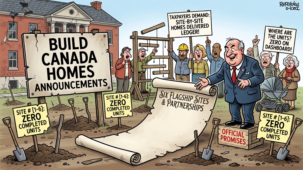 Editorial cartoon showing Build Canada Homes ribbon-cutting signs on empty construction lots while taxpayers ask for a completed-units delivery ledger.