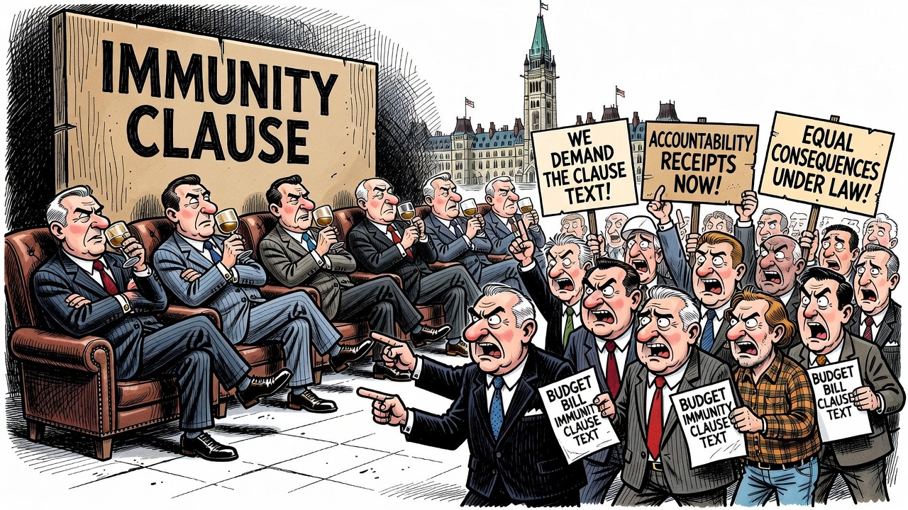 Editorial cartoon showing a Finance budget bill immunity shield while senators and taxpayers demand the clause text and accountability receipts.