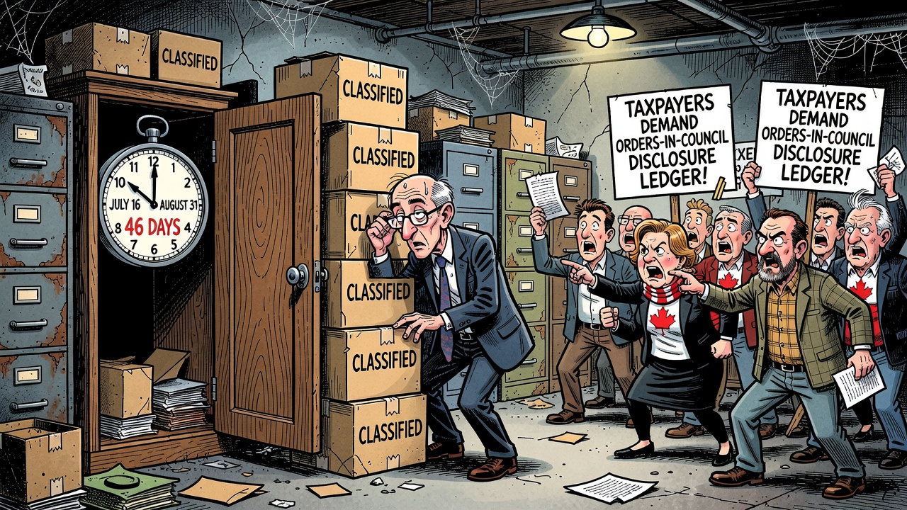 Editorial cartoon showing Dominic Barton at Invest in Canada while a cabinet order dated July 16 sits behind a curtain until an August 31 announcement, with taxpayers demanding a disclosure ledger.