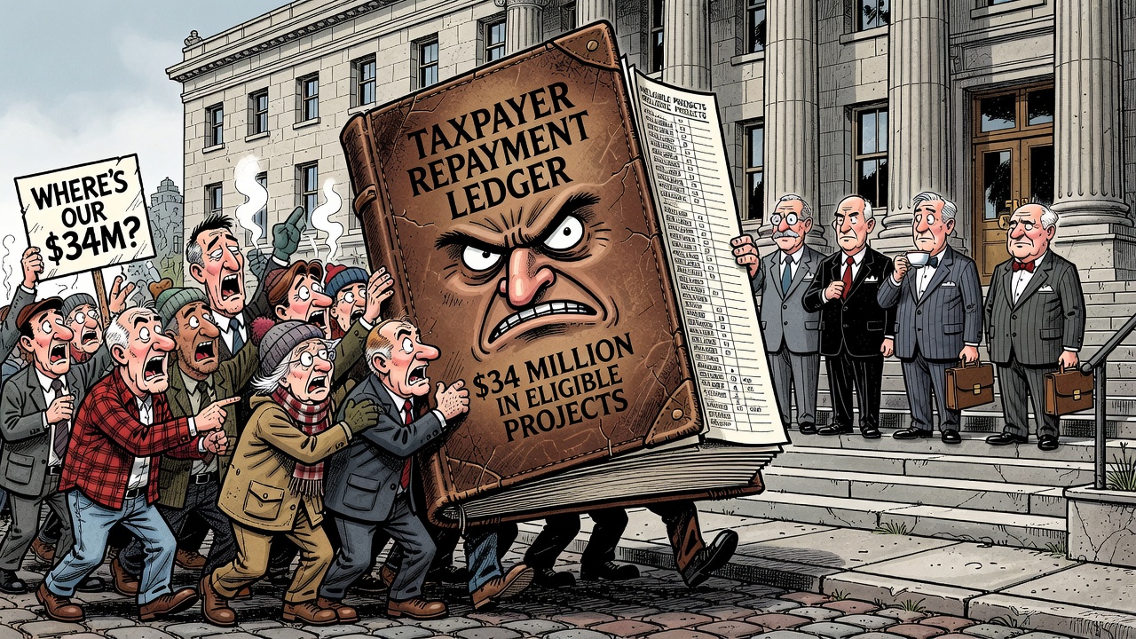 Editorial cartoon showing taxpayers demanding an SDTC repayment ledger for $34 million in ineligible green-fund projects.