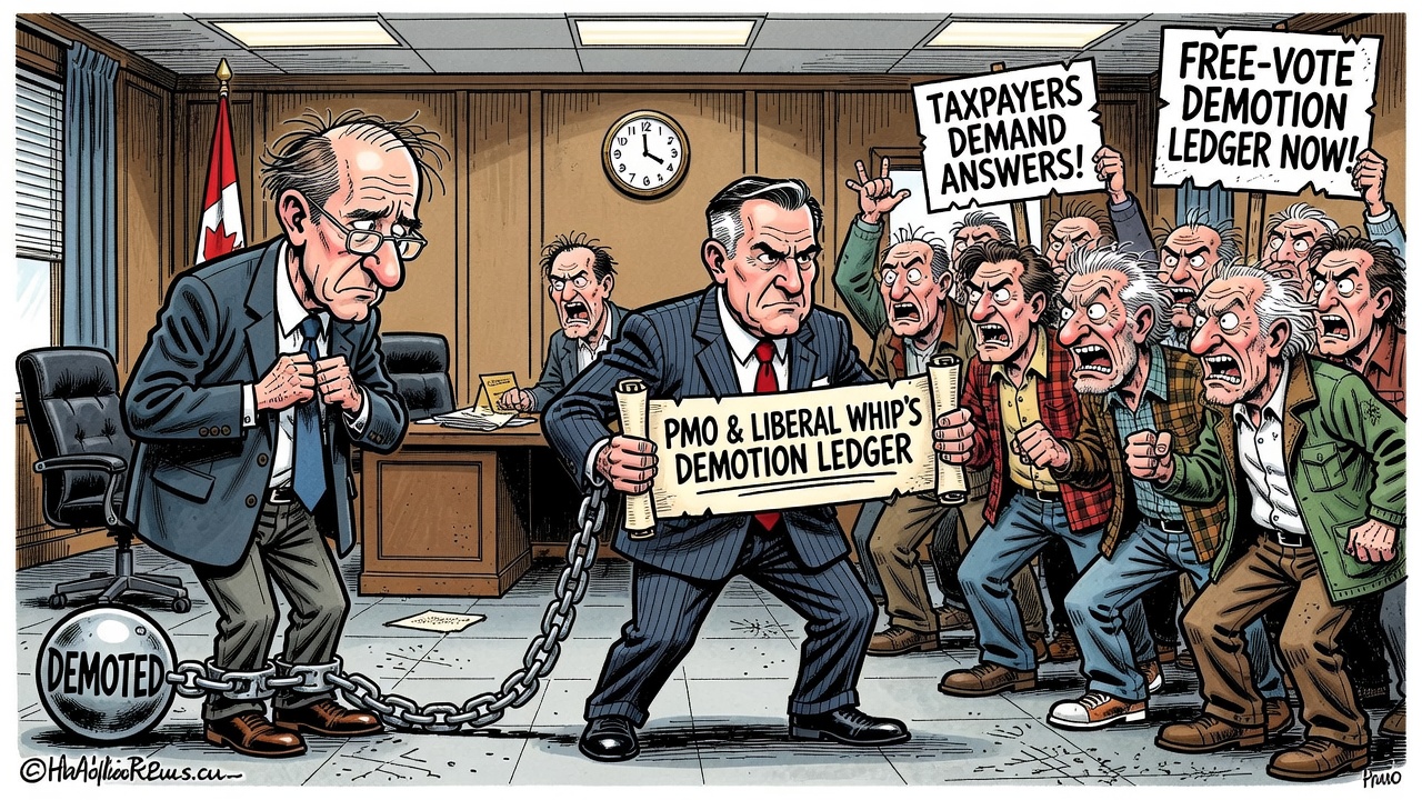 Editorial cartoon showing Sean Casey, Bill C-233 and taxpayers demanding a free-vote demotion ledger from the PMO and Liberal whip.