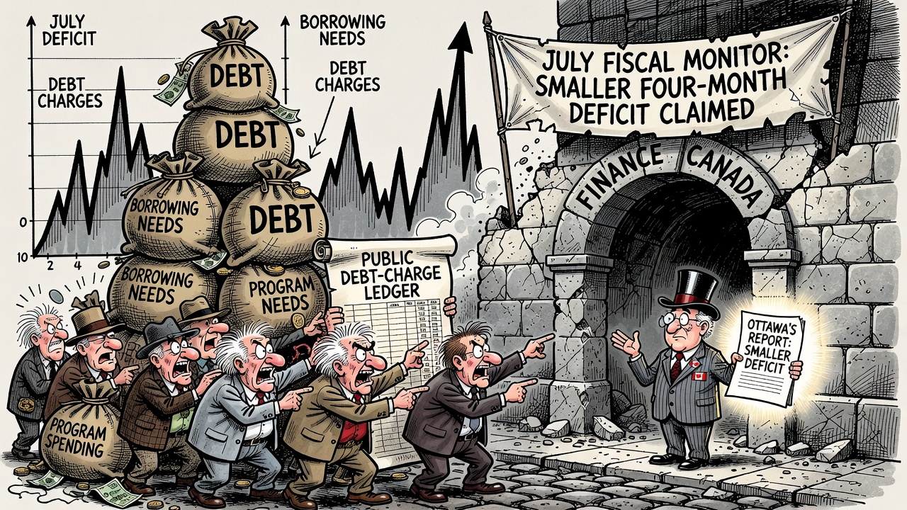 Editorial cartoon showing Ottawa pointing to a smaller four-month deficit while July’s deficit, program spending and debt charges rise behind a locked ledger.