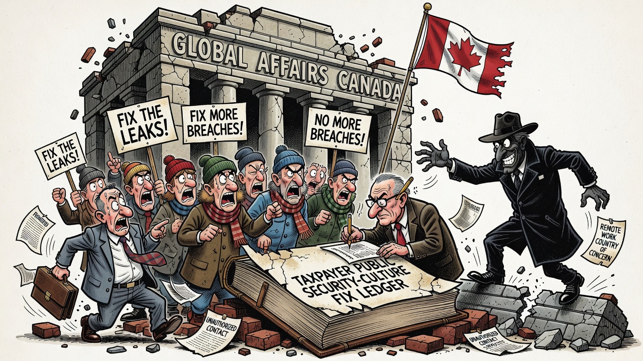 Editorial cartoon showing Global Affairs Canada security breaches and taxpayers demanding a public security-culture fix ledger.