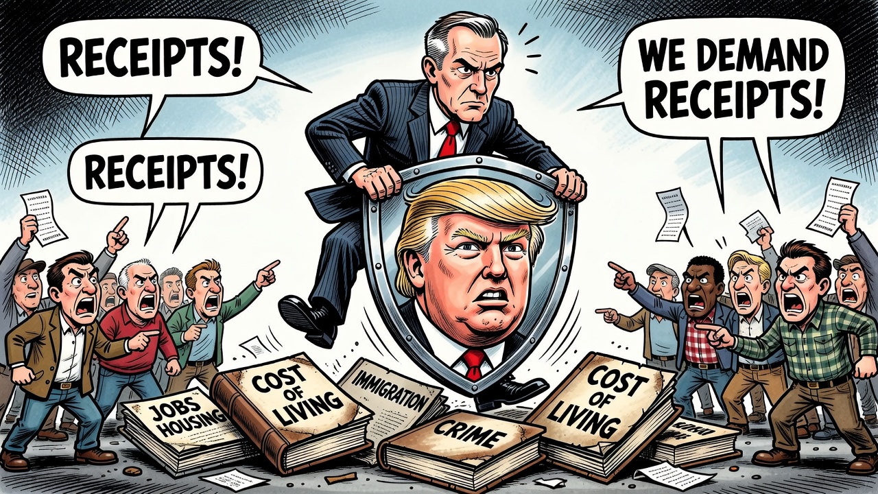 Editorial cartoon showing Mark Carney protected by a Trump shield while domestic accountability ledgers remain unopened.