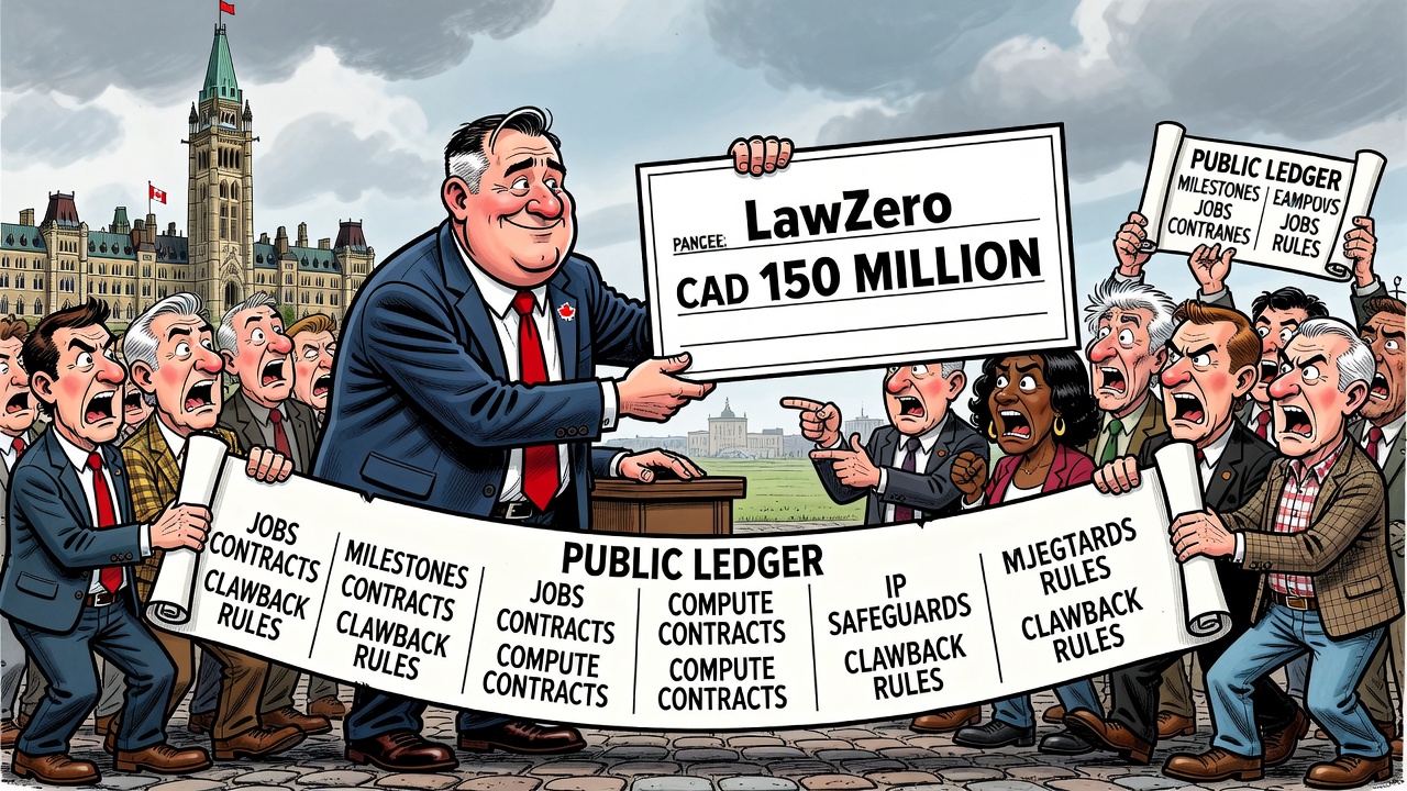 Editorial cartoon showing Ottawa handing LawZero a 150 million dollar AI cheque while taxpayers ask for milestones, compute contracts, IP safeguards and clawbacks.