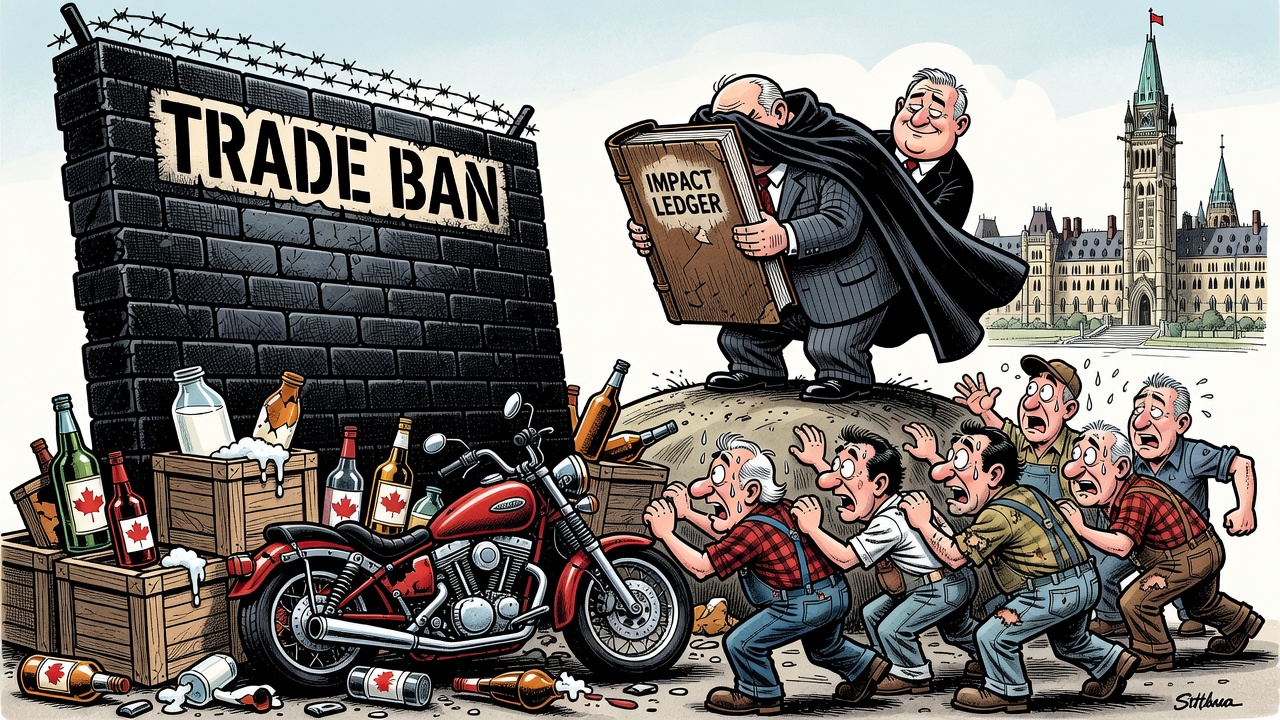 Editorial cartoon showing Canadian alcohol, dairy and motorcycle exporters stopped at a U.S. border gate while Ottawa hides a trade-damage ledger from workers and taxpayers.