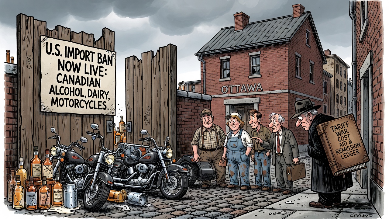 Editorial cartoon showing Canadian exporters stopped by a U.S. import-ban gate while Ottawa keeps the tariff-war cost and aid ledger locked.