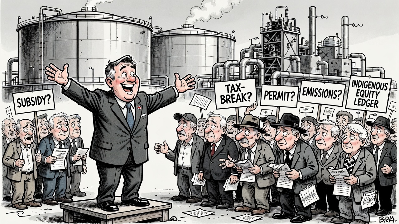 Editorial cartoon showing Carney celebrating LNG Canada Phase 2 while taxpayers demand the subsidy, permit, emissions and Indigenous equity ledger.