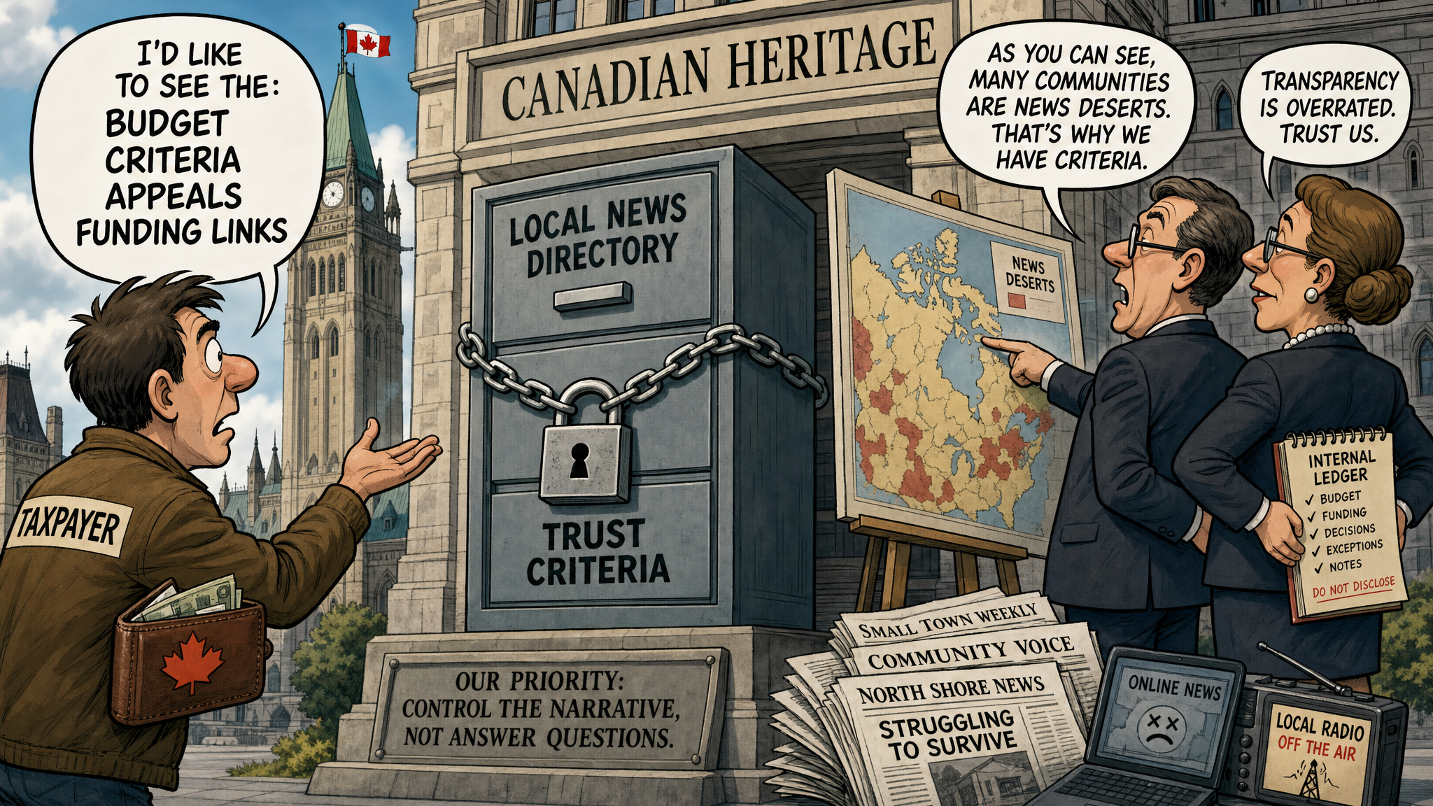 Editorial cartoon showing Canadian Heritage holding a locked local-news directory and trust-criteria cabinet while a taxpayer asks for the budget, criteria and funding ledger.