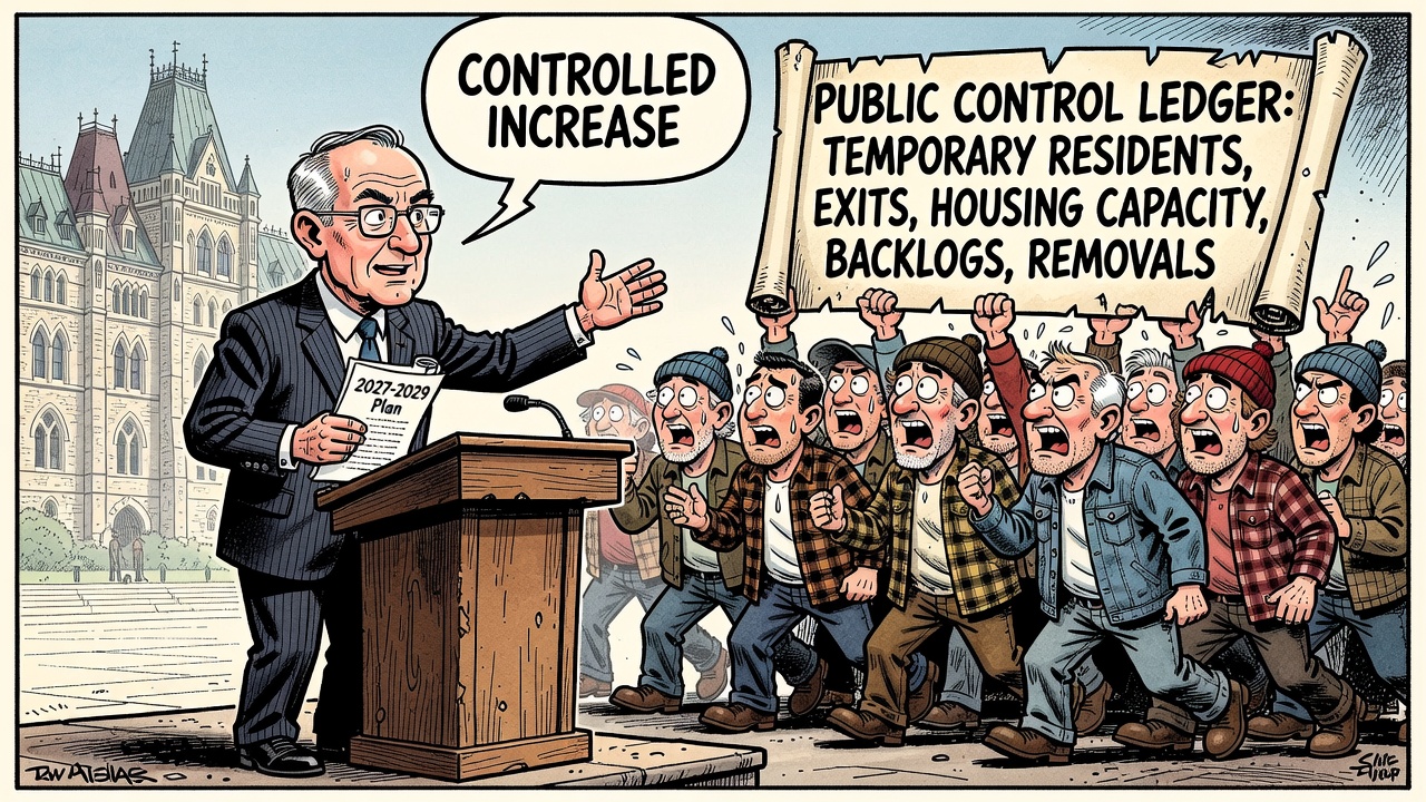 Editorial cartoon showing Mark Carney pointing to a controlled immigration increase while taxpayers demand a ledger for exits, temporary residents, housing capacity and backlogs.