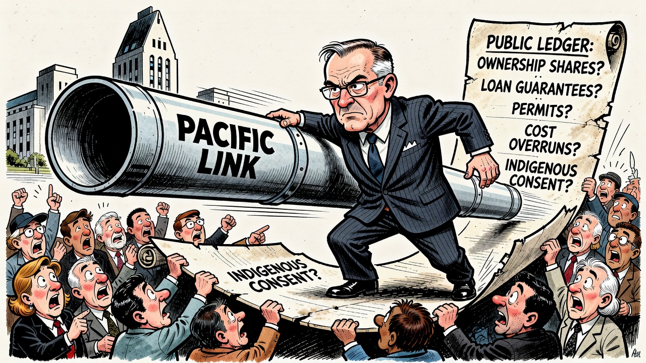 Editorial cartoon showing Mark Carney fast-tracking the Pacific Link pipeline while taxpayers demand a public ledger for ownership shares, loan guarantees, permits, cost overruns and Indigenous consent conditions.