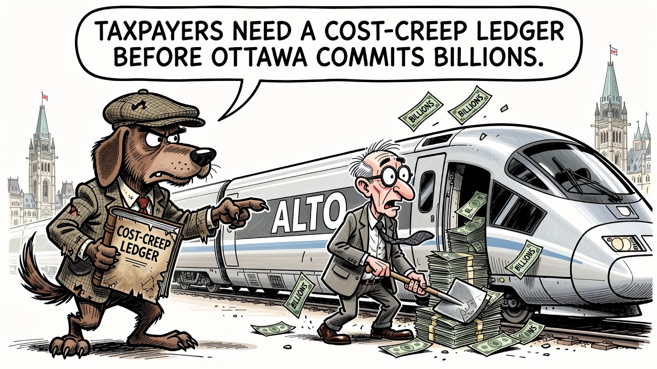 Editorial cartoon showing the Alto high-speed rail project racing past a Parliamentary Budget Officer warning sign while taxpayers demand a cost-creep ledger for routes, tunnels, land, ridership and overruns.
