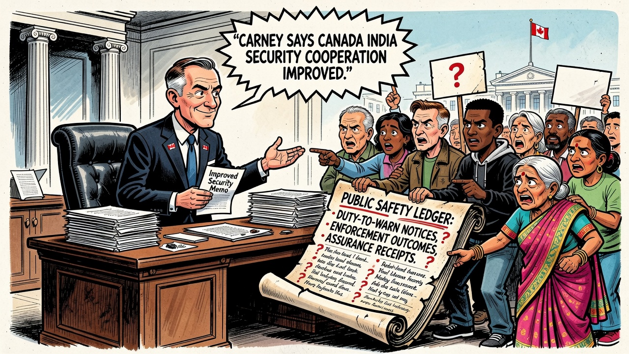 Editorial cartoon showing Carney at a Canada-India diplomacy table while Canadian taxpayers and diaspora communities demand a public safety ledger for warnings, enforcement and assurances.