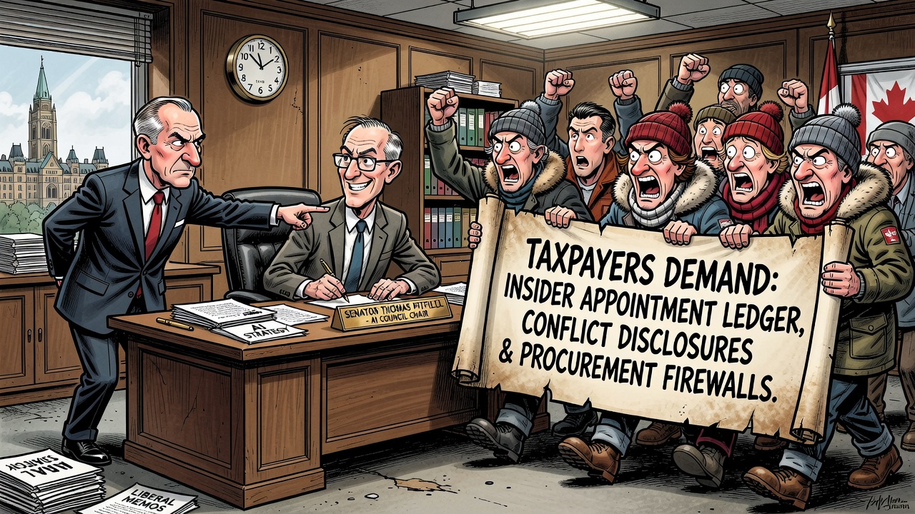 Editorial cartoon showing Mark Carney appointing Senator Thomas Pitfield to a national AI council while taxpayers demand an insider appointment ledger, conflict disclosures and procurement firewalls.
