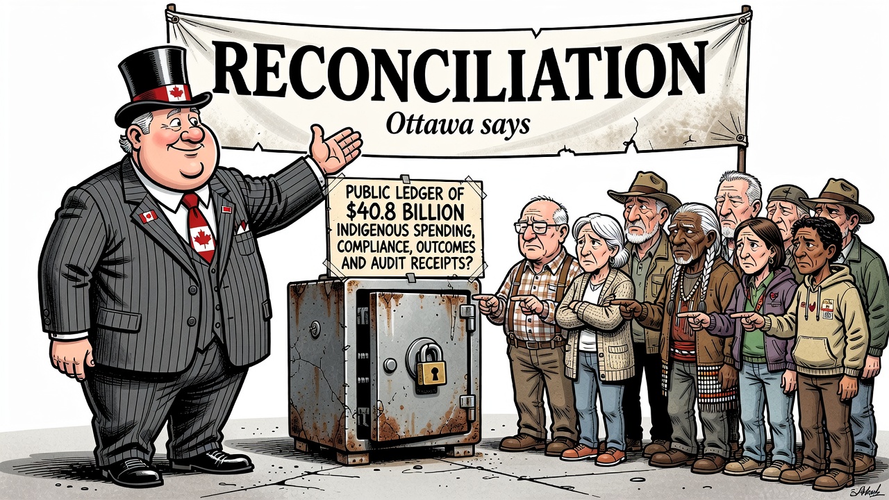 Editorial cartoon showing Ottawa celebrating reconciliation spending while taxpayers and First Nations citizens ask for a public ledger of spending, outcomes and audit receipts.
