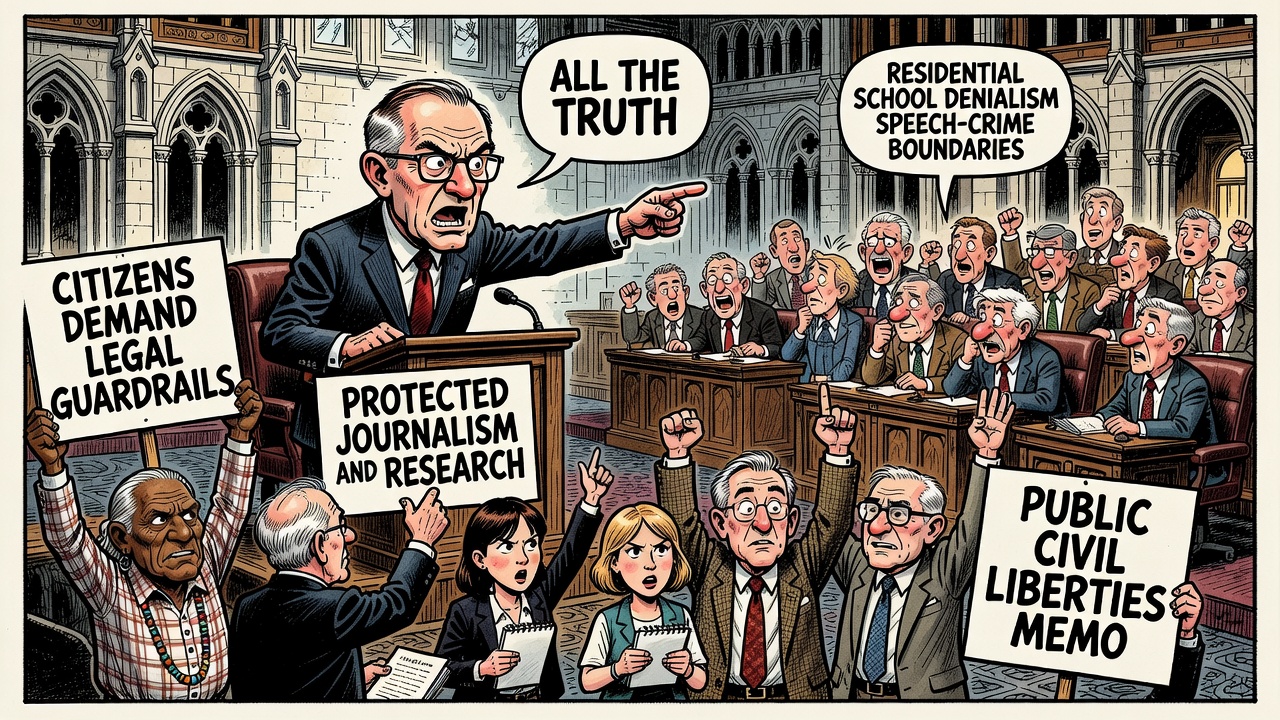 Editorial cartoon showing Mark Carney invoking truth while citizens ask Parliament for speech-law guardrails, protected journalism, research exemptions and a civil liberties memo.