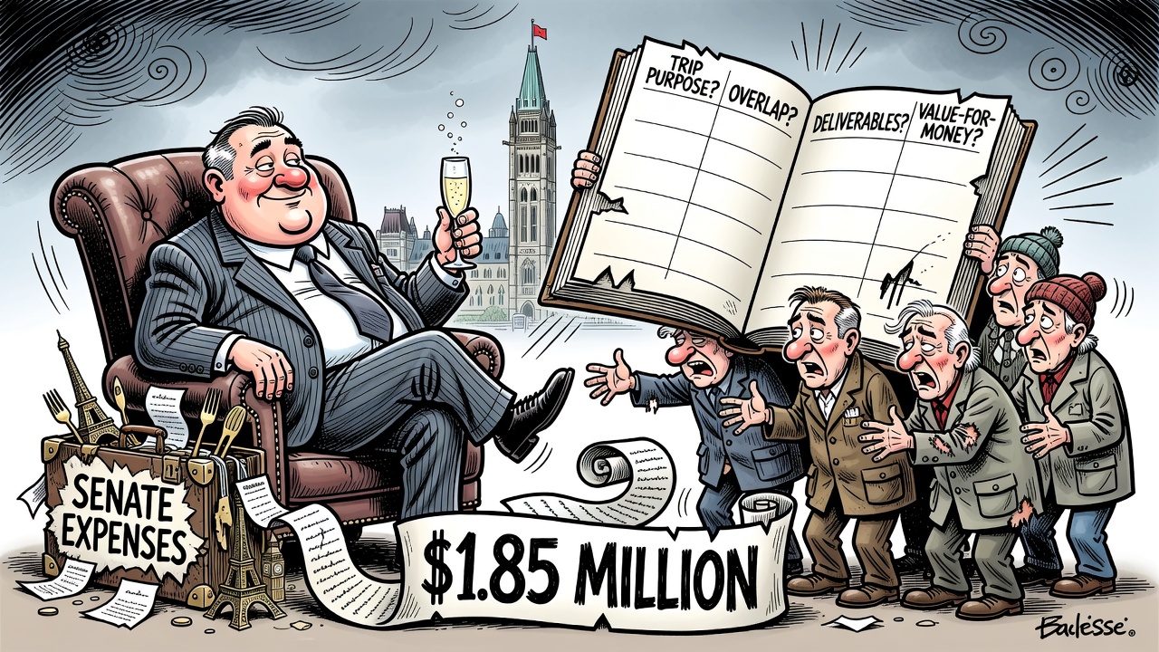 Editorial cartoon showing unelected senators travelling internationally while taxpayers demand a public trip-purpose and value-for-money ledger.