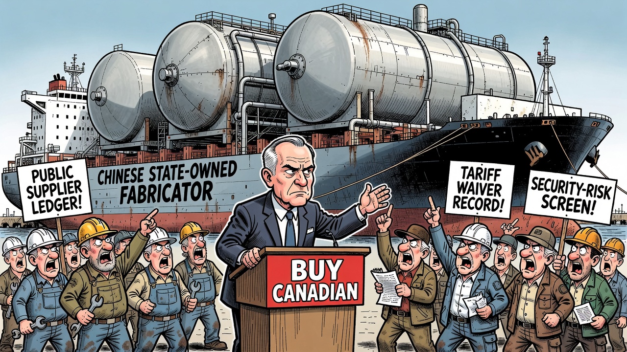 Editorial cartoon showing Mark Carney at a Buy Canadian podium while LNG modules arrive from a Chinese state-owned fabricator and taxpayers demand the supplier ledger.