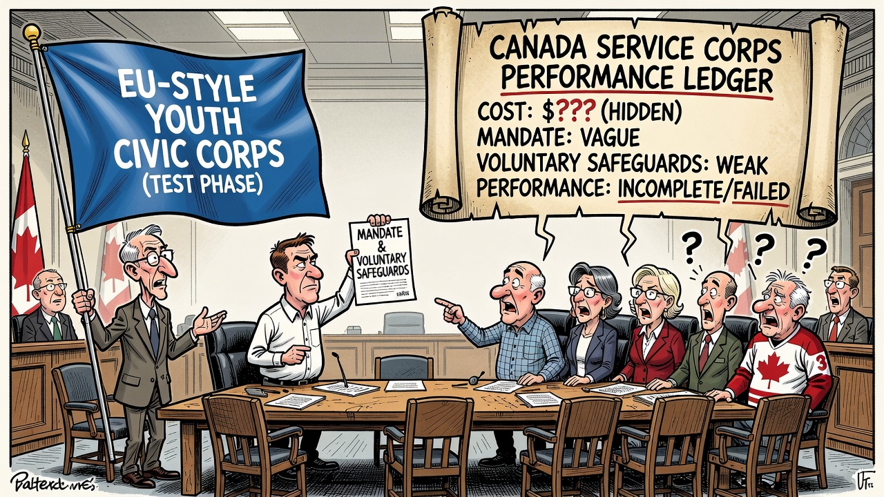 Editorial cartoon showing Ottawa testing an EU-style youth civic corps while taxpayers demand a cost and mandate ledger.