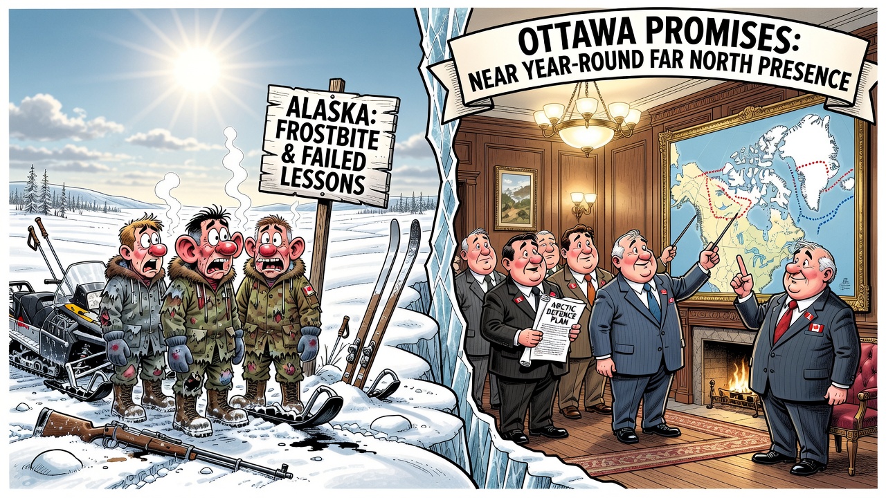 Editorial cartoon showing Ottawa promising Arctic sovereignty while Canadian troops in Alaska ask for cold-weather gear, communications and readiness receipts.