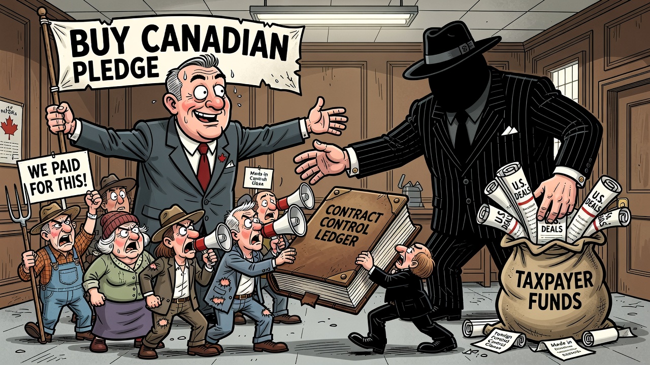 Editorial cartoon showing a Buy Canadian podium beside a contract conveyor belt heading to U.S.-controlled corporations while taxpayers demand the contract-control ledger.
