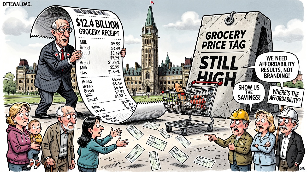 Editorial cartoon showing Ottawa holding a giant $12.4 billion grocery receipt while families receive small cheques and grocery prices stay high.