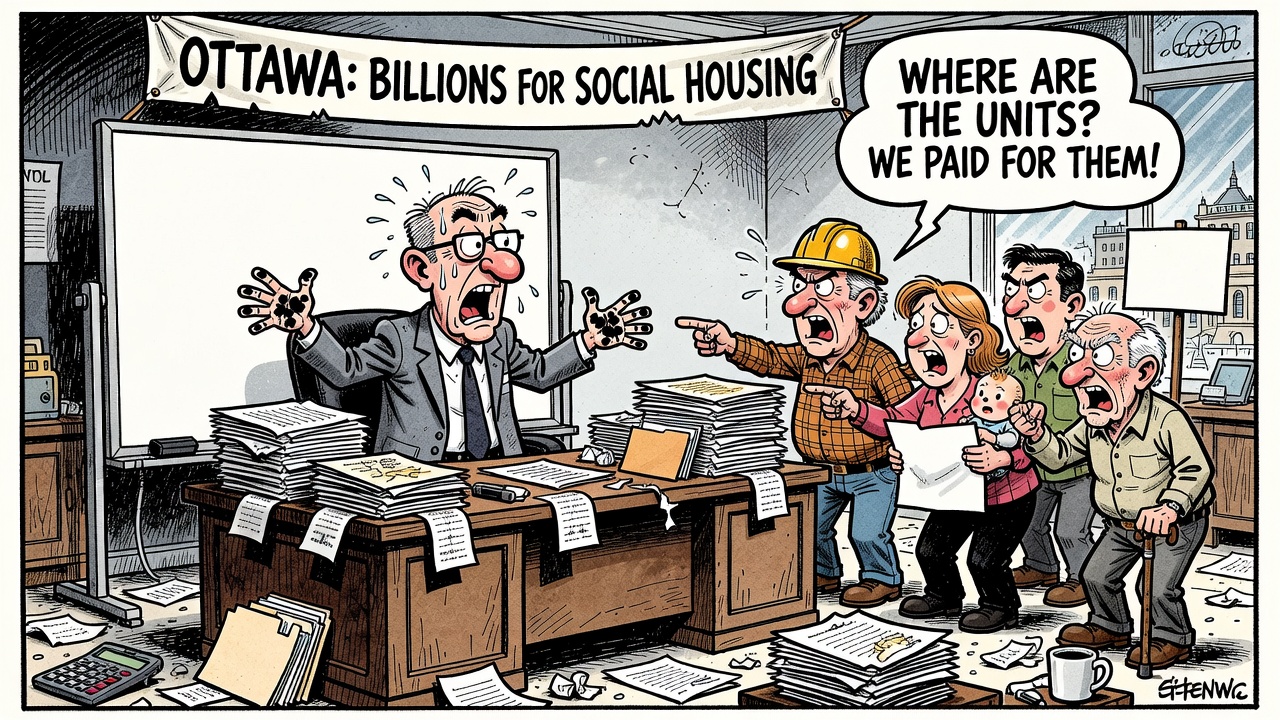 Editorial cartoon showing Ottawa announcing billions for social housing while taxpayers ask for a reliable unit-by-unit stock ledger.