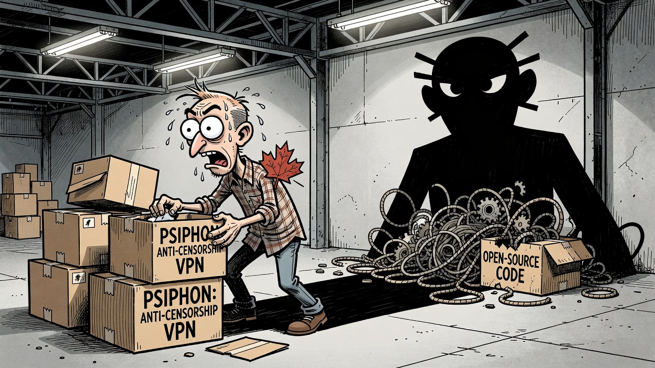 Editorial cartoon showing Canadian anti-censorship VPN Psiphon packing boxes to leave Canada as Bill C-22 surveillance orders loom over open-source code.